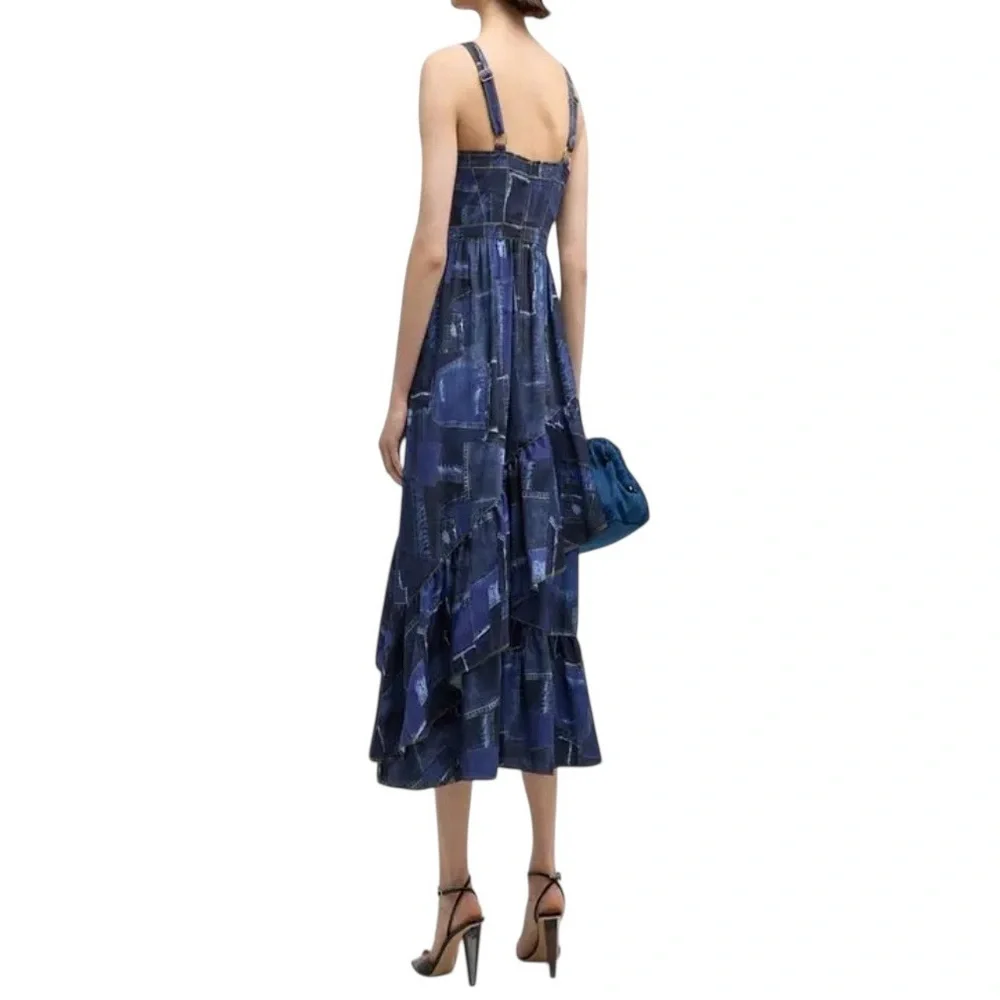 Cinq à Sept Jordyn Navy blue Patchwork tiered ruffle Midi cocktail Dress size 6 - Picture 13 of 16